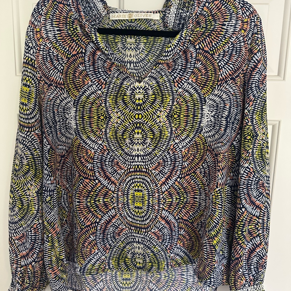 Marie Oliver Purple Green 3/4 Sleeve Graphic Blouse
